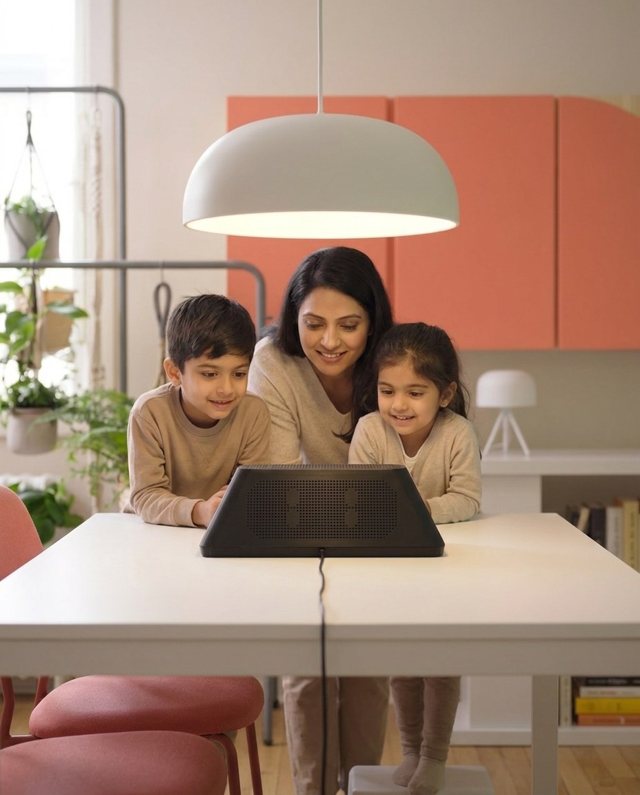 A mother and her two children gathered around the Sudo device on a sunlit dining table.